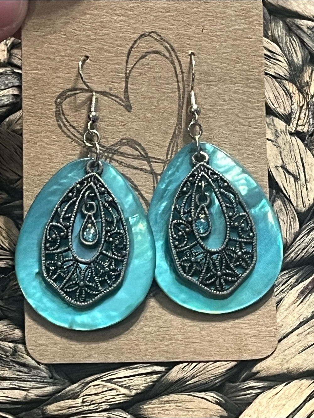 Teal Filigree Drop Earrings with Iridescent Shell
